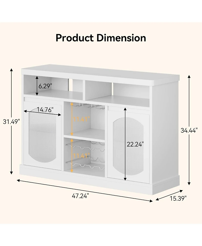 gaomon Modern Coffee Cabinet with Led Lights, Coffee Bar Table with 2 Glass Doors, White Bar Cabinet with with Wine Racks for Kitchen, Dining Room