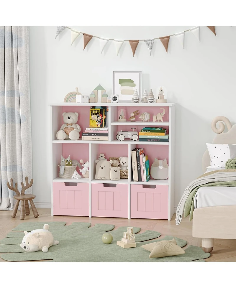 gaomon Toy Storage Cabinet with 3 Movable Drawers & 6 Cubes, Children's Toy Shelf Kids Bookshelf with Hidden Wheels