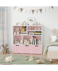 gaomon Toy Storage Cabinet with 3 Movable Drawers & 6 Cubes, Children's Toy Shelf Kids Bookshelf with Hidden Wheels