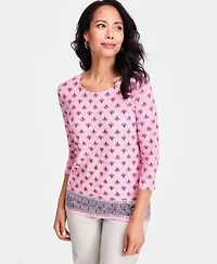 Jm Collection Womens Printed 3 4 Sleeve Scoop Neck Jacquard Top Macys Exclusive