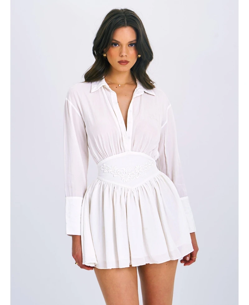 Miss Circle Women's Jamila White Shirt Mini Dress with Embroidered Waist Detail