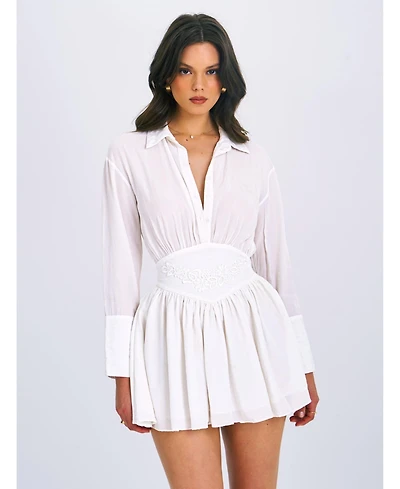 Miss Circle Women's Jamila White Shirt Mini Dress with Embroidered Waist Detail