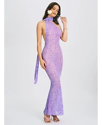 Miss Circle Women's Olena Purple Burnout Velvet Animal Print Mesh Halter Neck Maxi Dress