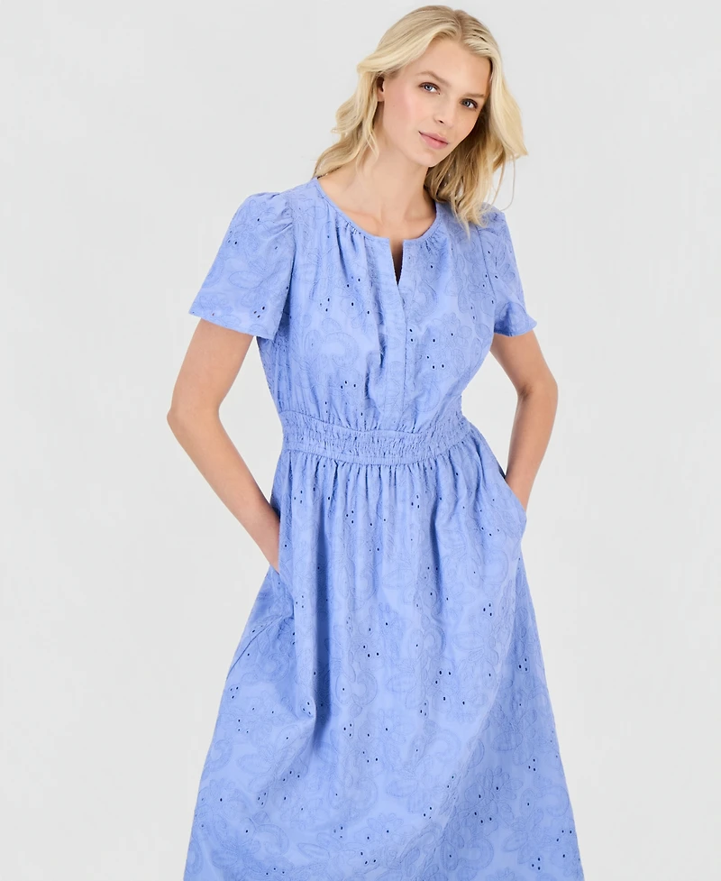 Anne Klein Women's Eyelet Short-Sleeve Midi Dress
