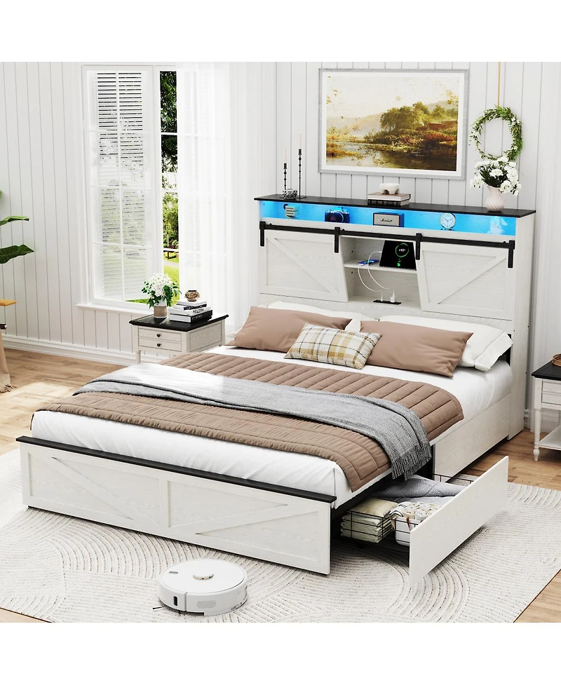 Streamdale Furniture Farmhouse Queen Bed Frame w/Storage Headboard, Drawers, Charging & Led Lights, White