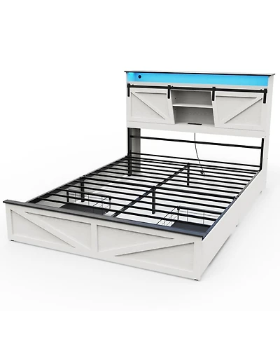 Streamdale Furniture Farmhouse Queen Bed Frame w/Storage Headboard, Drawers, Charging & Led Lights, White