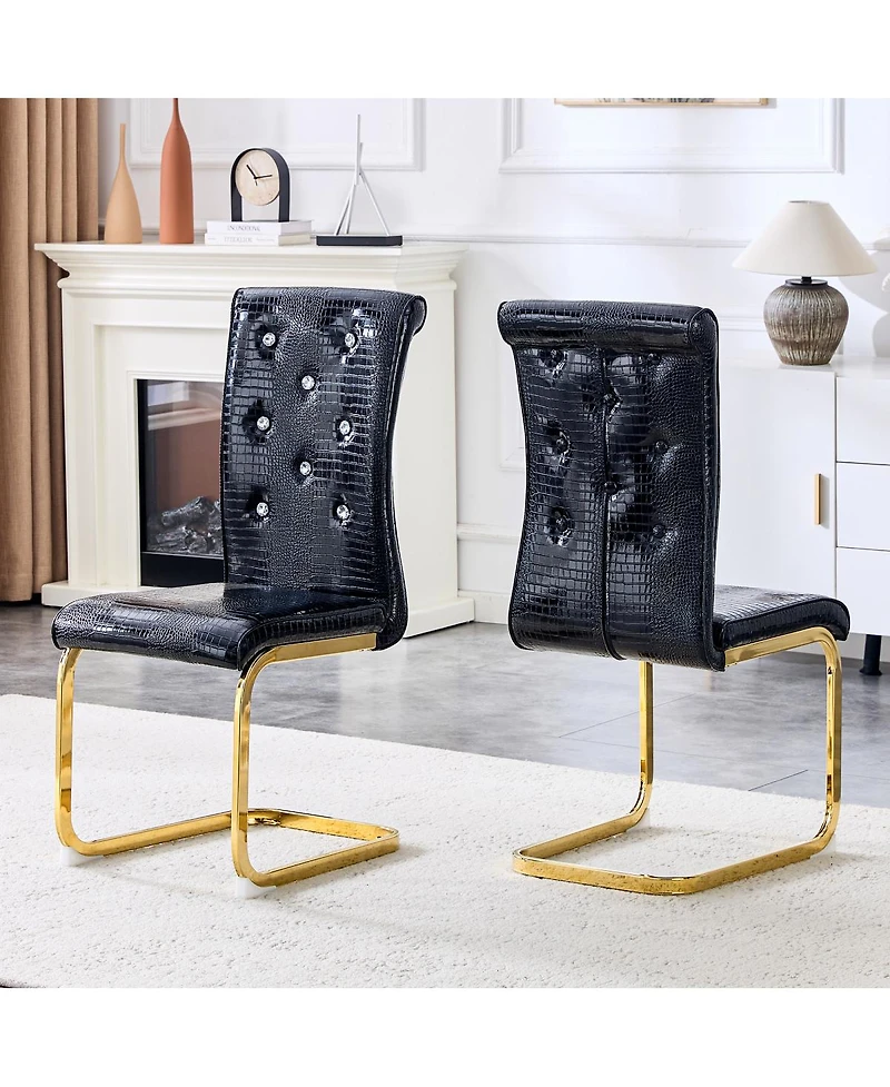 Streamdale Furniture Streamdale Set of 2 Retro Alligator Upholstered Dining Chairs with Crystal Buckle & Gilded Legs