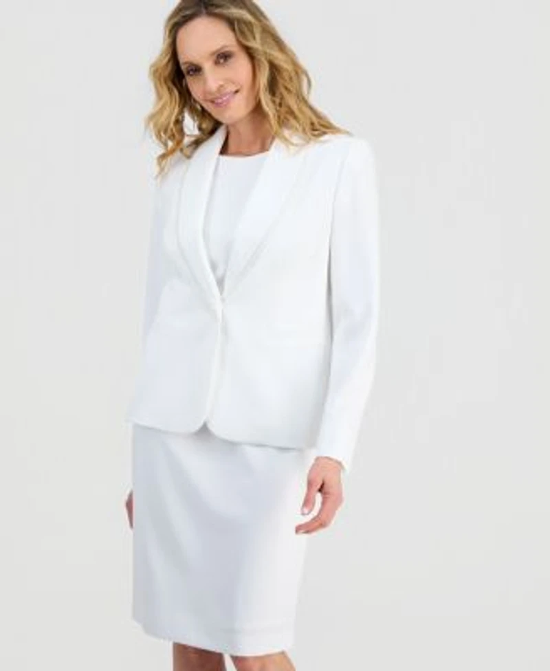 Kasper Womens Stretch Crepe Shawl Collar Pearl Trim Jacket Sheath Dress