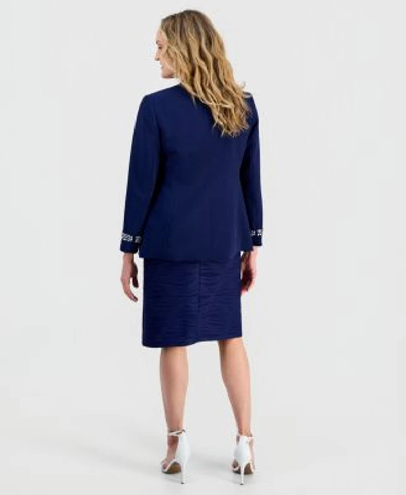 Kasper Womens Stretch Crepe Collarless Embellished Bracelet Sleeve Jacket Wave Knit Sheath Dress