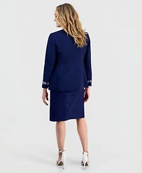 Kasper Womens Stretch Crepe Collarless Embellished Bracelet Sleeve Jacket Wave Knit Sheath Dress