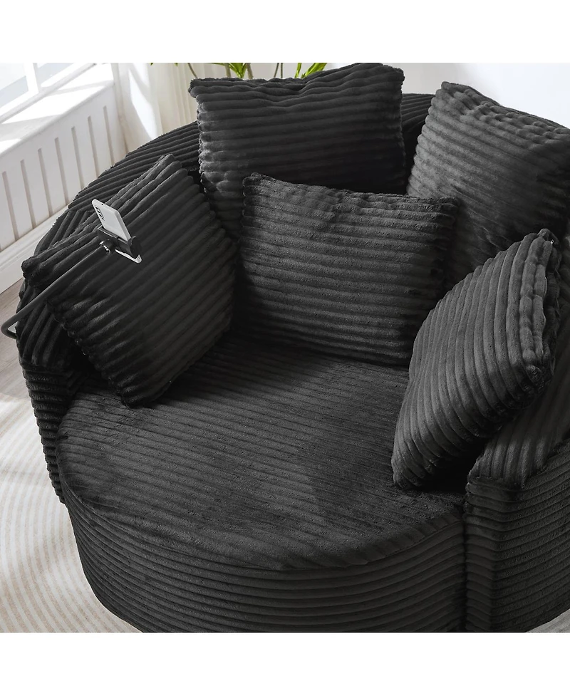 Streamdale Furniture360° Swivel Corduroy Accent Barrel Chair with 5 Pillows & Phone Holder, Black