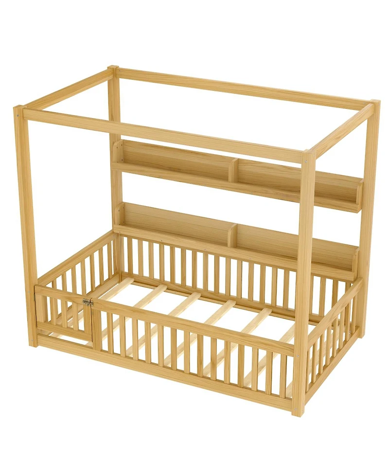 Streamdale Furniture Streamdale Twin Size Solid Wood Montessori Floor Bed Frame with Guardrails & Shelves