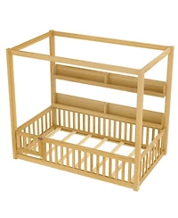 Streamdale Furniture Streamdale Twin Size Solid Wood Montessori Floor Bed Frame with Guardrails & Shelves