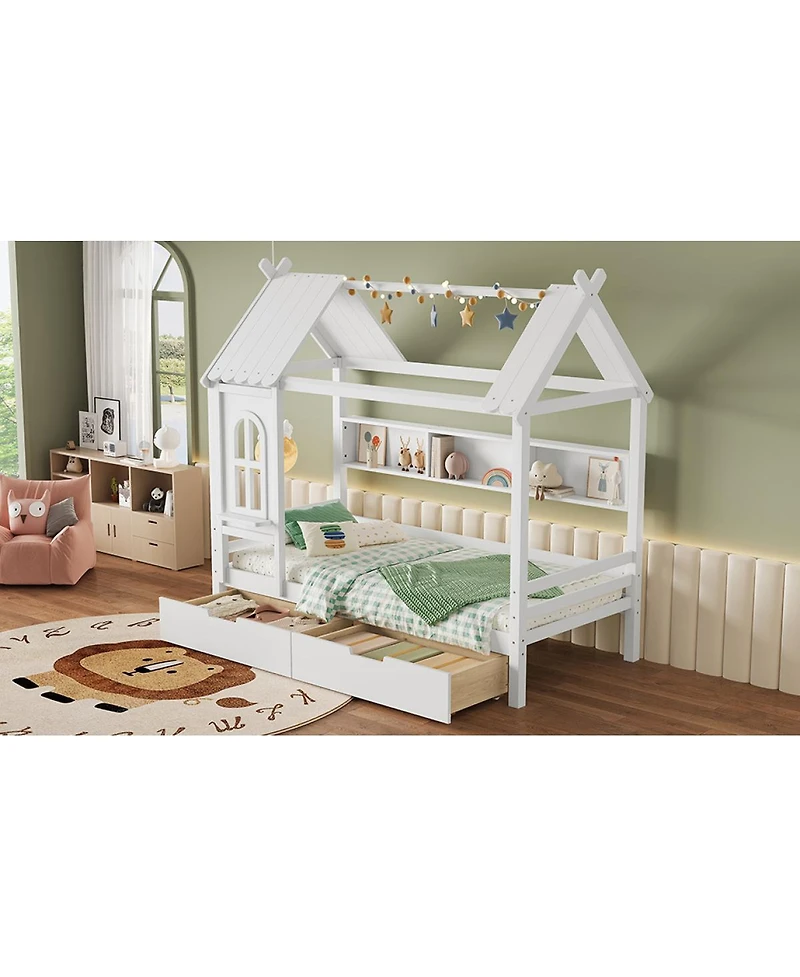 Streamdale Furniture Streamdale Twin House Bed with Storage Drawers and Window, Solid Wood