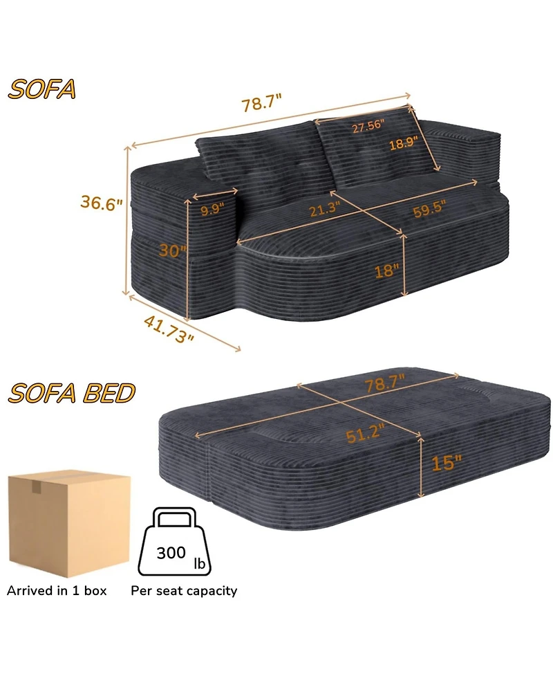 Streamdale Furniture 78.7" Foldable Corduroy Sofa Bed with Blanket & Pillows