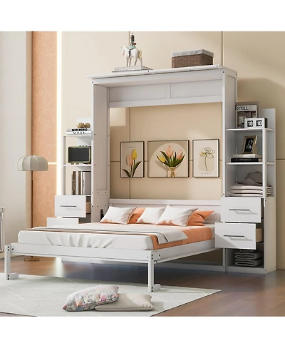 Streamdale Furniture Queen Size Murphy Bed Wall Bed with Shelves, Drawers and Led Lights