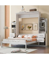 Streamdale Furniture Queen Size Murphy Bed Wall Bed with Shelves, Drawers and Led Lights