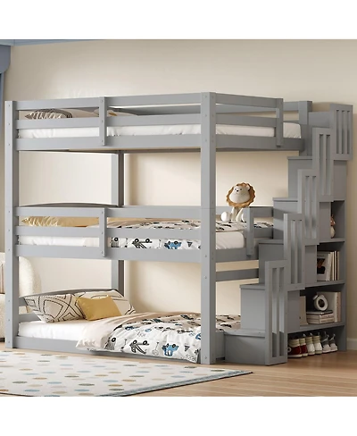 Streamdale Furniture Full Size Triple Bunk Bed with Storage Staircase, Separate Design