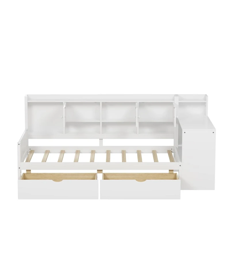 Streamdale Furniture Wooden L-Shape Daybed with 7 Cabinets, 2 Drawers, Desk & Bookshelf, White