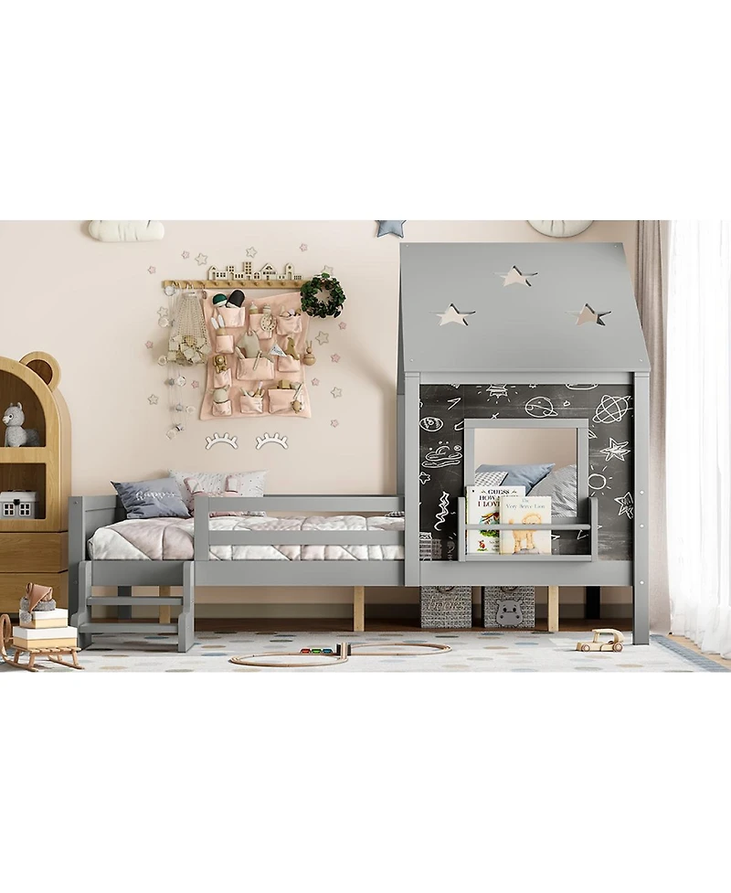 Streamdale Furniture Full House Beds with Low-Profile Stairs, Window, Bookcase, Blackboard, Star Roof, Gray