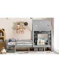 Streamdale Furniture Full House Beds with Low-Profile Stairs, Window, Bookcase, Blackboard, Star Roof, Gray