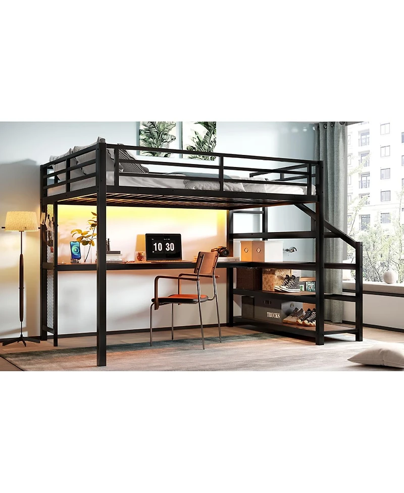 Streamdale Queen Loft Bed with Desk and Storage Stairs, Metal Loft Bed with Led Lights & Usb Ports, Black