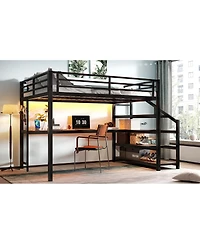 Streamdale Queen Loft Bed with Desk and Storage Stairs, Metal Loft Bed with Led Lights & Usb Ports, Black