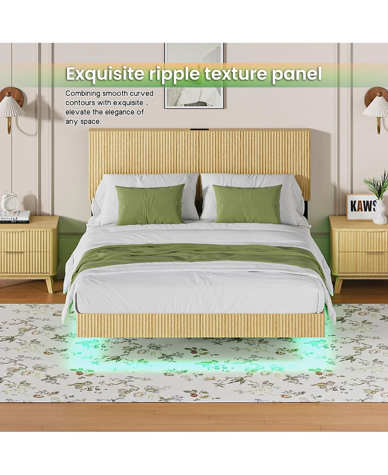 Streamdale Furniture Oak Queen Floating Bed with Charging Station & Led Lights