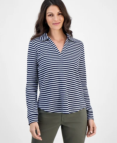 Style & Co Women's Striped Waffle-Knit Collared Top, Macy's Exclusive