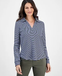 Style & Co Women's Striped Waffle-Knit Collared Top, Macy's Exclusive