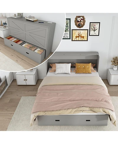 Streamdale Furniture 57" Murphy Bed with Storage, Charging Cabinet, Foldable Panels, Swivel Wheels, Gray