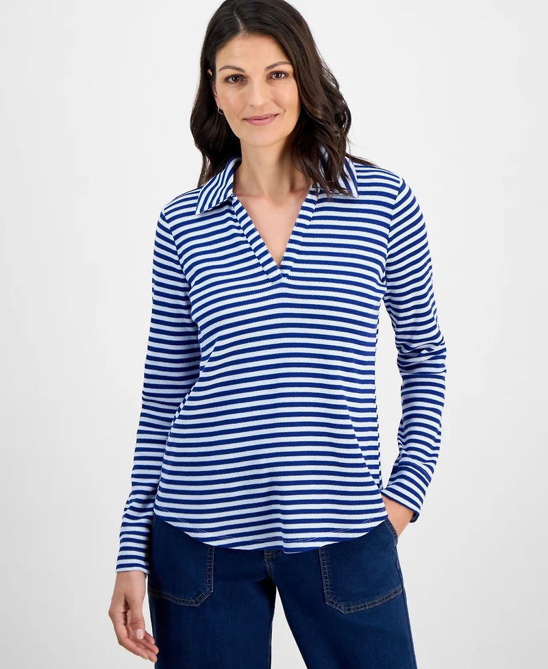 Style & Co Women's Striped Waffle-Knit Collared Top, Macy's Exclusive