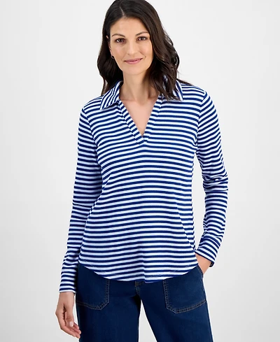 Style & Co Women's Striped Waffle-Knit Collared Top, Macy's Exclusive