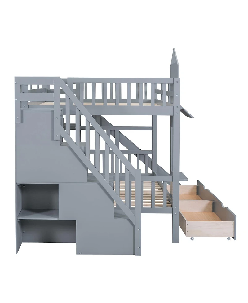 Streamdale Furniture Full-Over-Full Castle Style Bunk Bed with 2 Drawers 3 Shelves and Slide - Gray