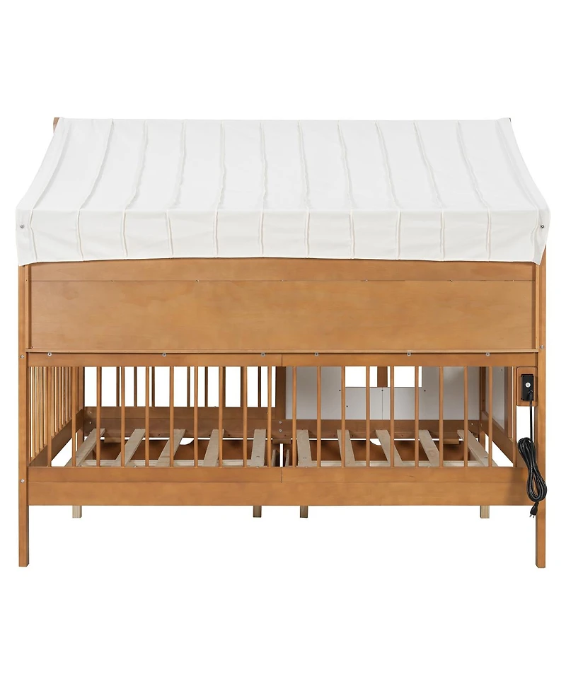 Streamdale Furniture Streamdale Full Size House Bed with 2 Large Drawers, Side Bookshelf with Led Strip, Walnut