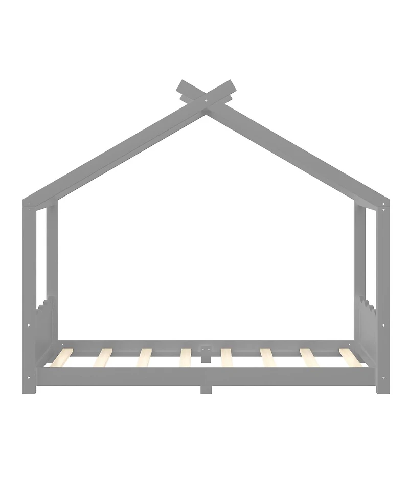 Streamdale Furniture Twin House Floor Bed with Slats, Solid Wood House Bed Frame for Kids, Gray