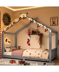 Streamdale Furniture Twin House Floor Bed with Slats, Solid Wood House Bed Frame for Kids, Gray