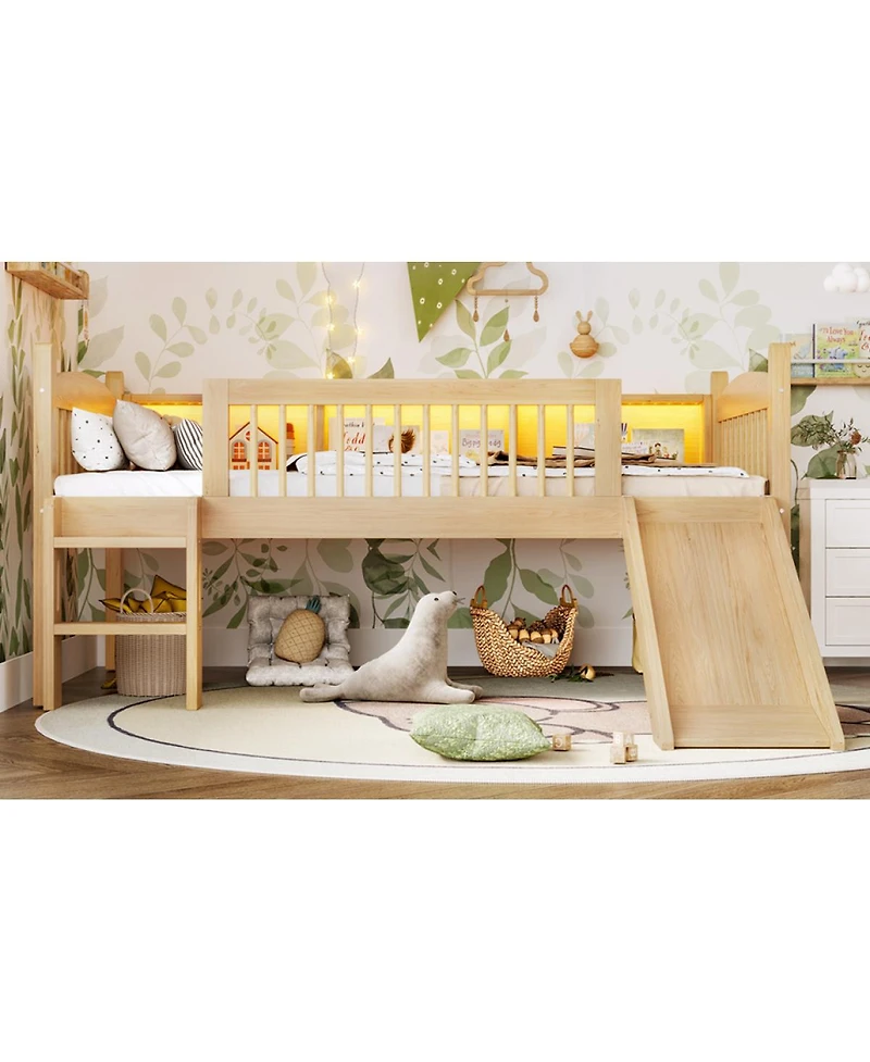 Streamdale Furniture Twin Xl Loft Bed with Storage Shelves, Led Lights, Guardrails, Natural