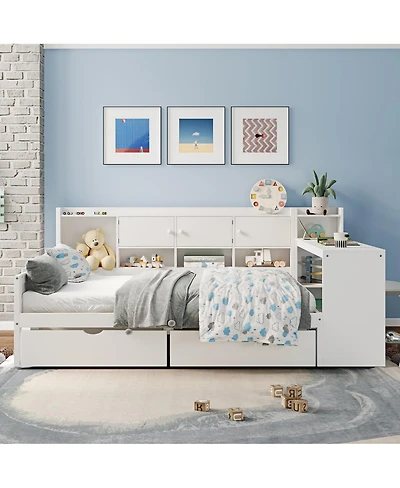 Streamdale Furniture Full Size Daybed with Storage, Wooden L-Shape Bed Frame w/ Desk & Bookshelf