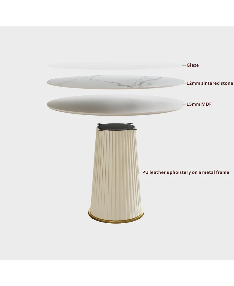 Streamdale Furniture Modern 43.3" Round Dining Table, Glossy Sintered Stone Top, Pu Leather Pedestal