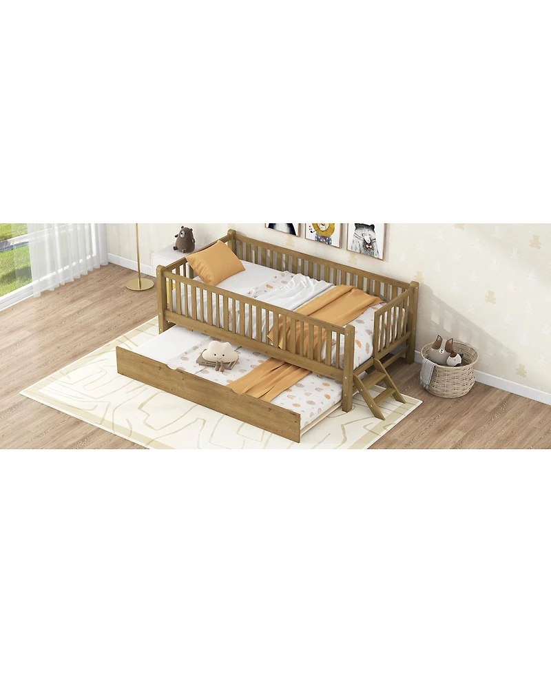 Streamdale Furniture Wood Twin Size Platform Bed with Guardrail and Trundle