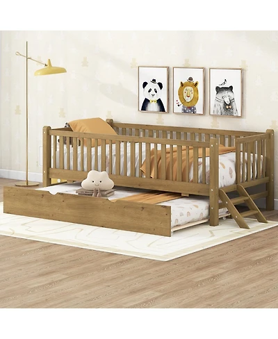Streamdale Furniture Wood Twin Size Platform Bed with Guardrail and Trundle