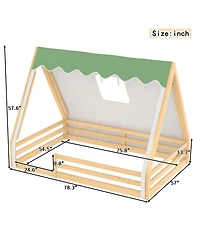 Streamdale Furniture Full Size House Floor Bed with Tent and Light, Solid Wood Teepee Design