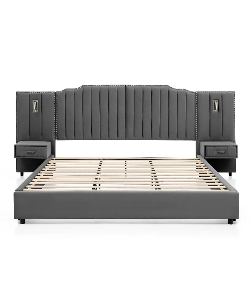 Streamdale Furniture King Size Velvet Upholstered Bed Frame with Vertical Stripes & Headboard