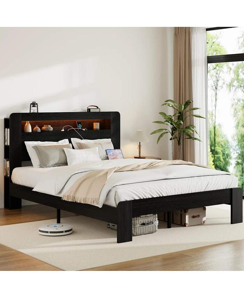 Streamdale Furniture Wood King Bed Frame with Storage, Led Headboard, Usb