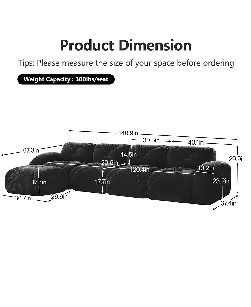 Streamdale Furniture L-shaped Velvet Tufted Sofa with Movable Ottoman