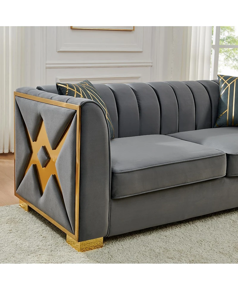 Streamdale Furniture Velvet Button Tufted Sofa Couch with 2 Pillows, 3 Seater Chesterfield Sofa Set