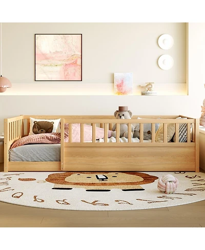 Streamdale Furniture Twin Size Montessori Floor Bed with High Security Barrier and Door, Natural