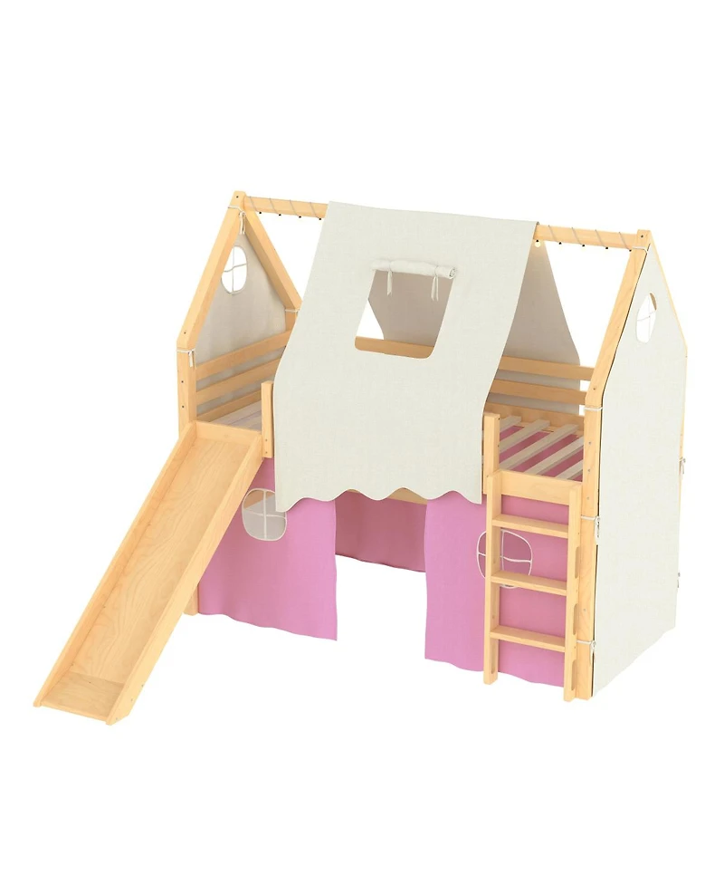Streamdale Furniture Twin Size House Loft Bed with Slide, Lights, and Tents