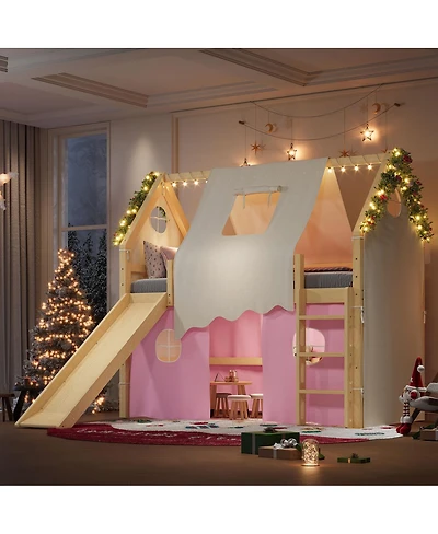 Streamdale Furniture Twin Size House Loft Bed with Slide, Lights, and Tents